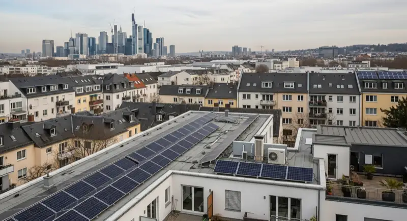 Installateur montiert Solarmodule auf Frankfurter Hausdach mit Skyline im Hintergrund