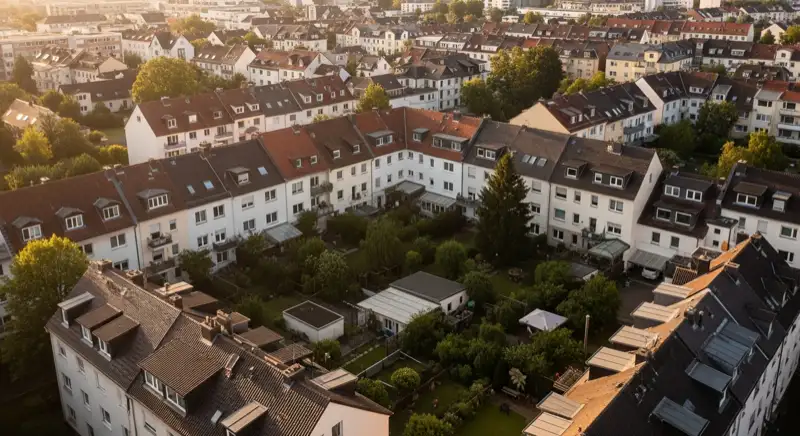 Aerial drone view of typical German residential neighborhood with mixed roof types, red and dark roof tiles, gardens visible, sunny day