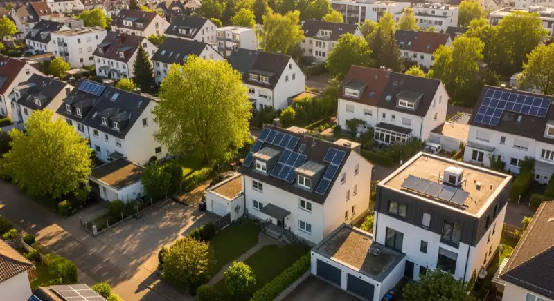 Aerial drone view of typical German residential neighborhood with mixed roof types, red and dark roof tiles, gardens visible, sunny day