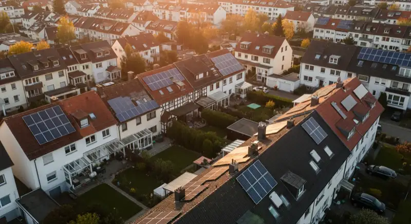 Aerial drone view of typical German residential neighborhood with mixed roof types, red and dark roof tiles, gardens visible, sunny day