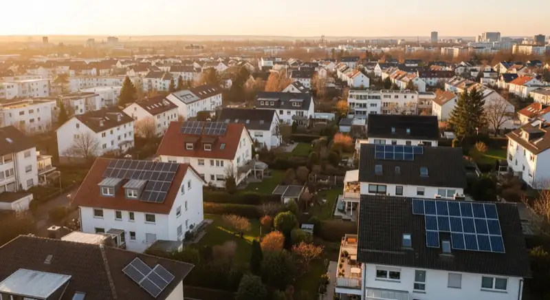 Aerial drone view of typical German residential neighborhood with mixed roof types, red and dark roof tiles, gardens visible, sunny day