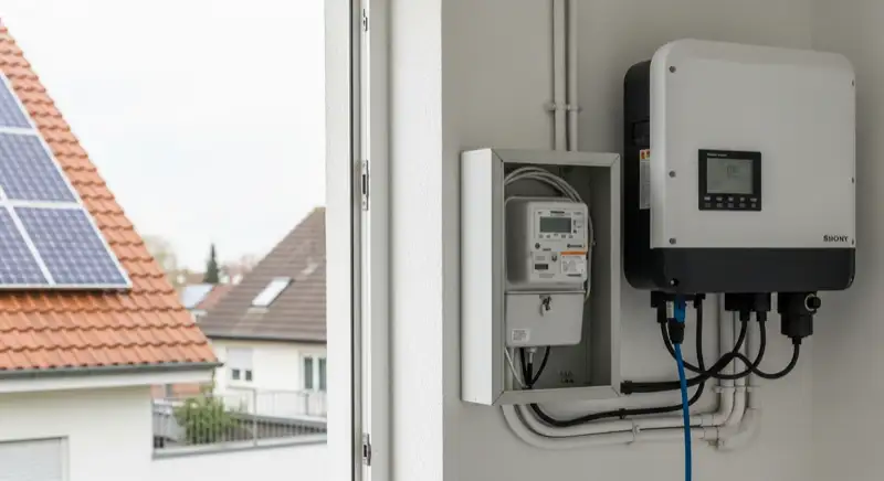 Modern German electrical meter cabinet (Zählerschrank) with smart meter and solar inverter connection, clean technical installation