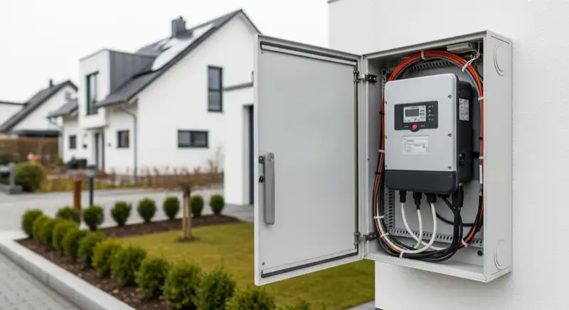 Modern German electrical meter cabinet (Zählerschrank) with smart meter and solar inverter connection, clean technical installation