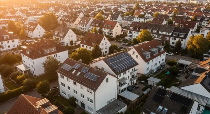 Aerial drone view of typical German residential neighborhood with mixed roof types, red and dark roof tiles, gardens visible, sunny day