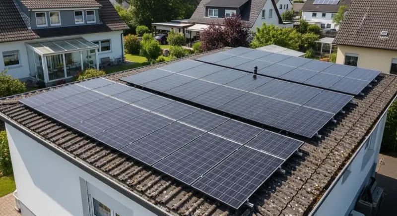 Solarteur bei der Wartung einer Photovoltaikanlage auf Einfamilienhaus-Dach in Frechen