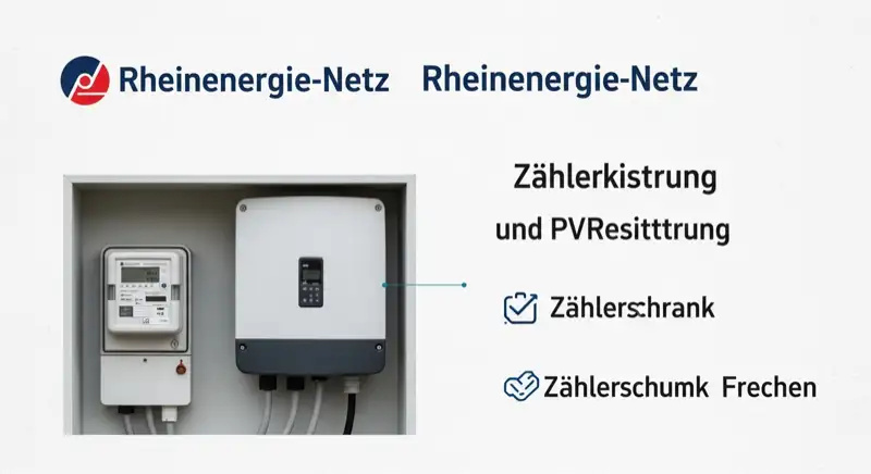 Modern German electrical meter cabinet (Zählerschrank) with smart meter and solar inverter connection, clean technical installation