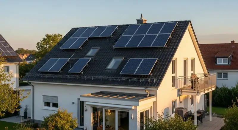 Modernes Einfamilienhaus in Frechen mit Solaranlage auf dem Dach und Wärmepumpen-Außengerät im Garten