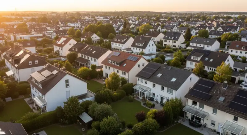 Aerial drone view of typical German residential neighborhood with mixed roof types, red and dark roof tiles, gardens visible, sunny day