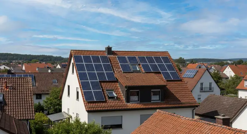 Ländliches Wohnhausdach mit Solarmodulen im Freiberger Umland