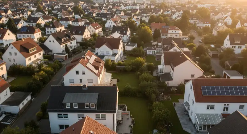 Aerial drone view of typical German residential neighborhood with mixed roof types, red and dark roof tiles, gardens visible, sunny day