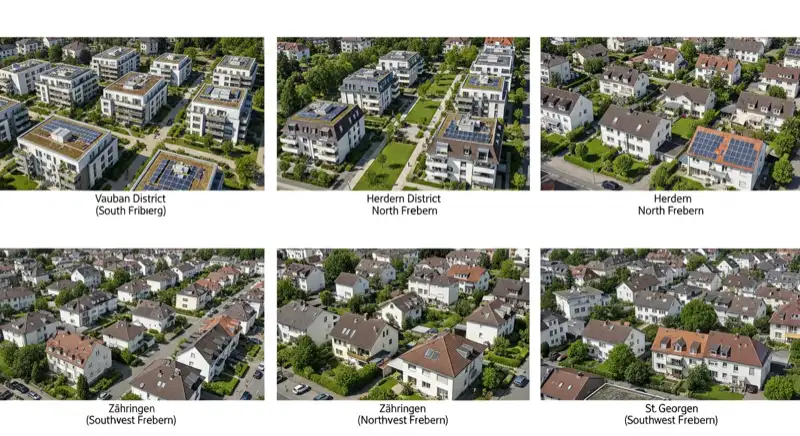 Wohngebiete in Freiburg mit verschiedenen Bauformen, typische Einfamilienhäuser und Dachstrukturen aus der Luft