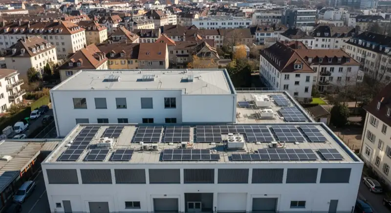 Blick auf das Stadtwerke-Gebäude in Freiburg mit Service-Eingang, lokale Versorgeratmosphäre