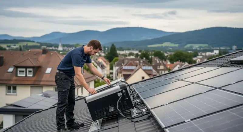 Servicetechniker prüft Solarmodule auf Freiburger Wohnhausdach mit Schwarzwald im Hintergrund