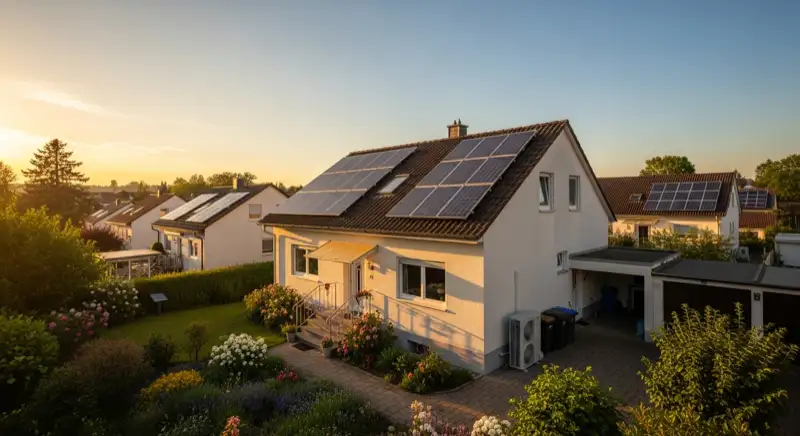 Hausbesitzer-Paar vor Einfamilienhaus in Freiburg, sonniger Tag, positive Energie-Szenerie