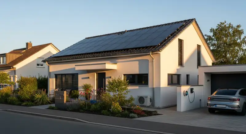 Modernes Einfamilienhaus in Freiburg mit Solaranlage auf dem Dach und Wallbox für E-Auto-Ladung in der Einfahrt