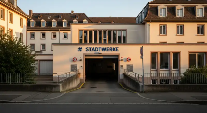 Blick auf das Stadtwerke-Gebäude in Freiburg mit Service-Eingang, lokale Versorgeratmosphäre