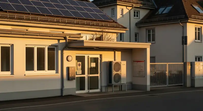 Blick auf das Stadtwerke-Gebäude in Freiburg mit Service-Eingang, lokale Versorgeratmosphäre