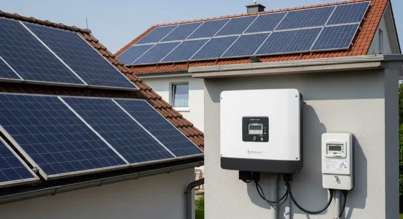 Modern German electrical meter cabinet (Zählerschrank) with smart meter and solar inverter connection, clean technical installation