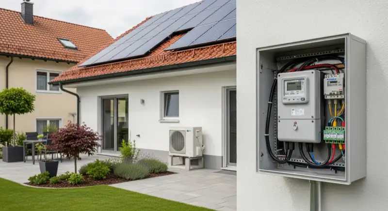 Modern German electrical meter cabinet (Zählerschrank) with smart meter and solar inverter connection, clean technical installation