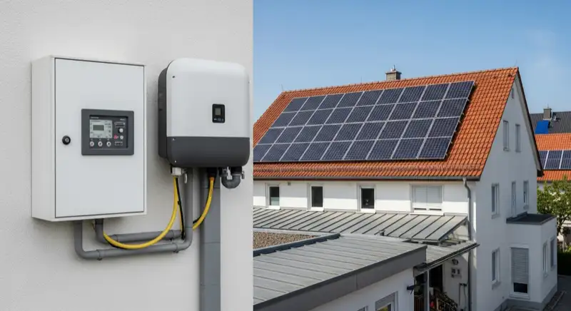 Modern German electrical meter cabinet (Zählerschrank) with smart meter and solar inverter connection, clean technical installation