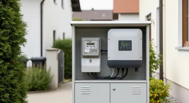 Modern German electrical meter cabinet (Zählerschrank) with smart meter and solar inverter connection, clean technical installation