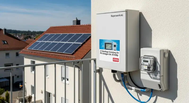 Modern German electrical meter cabinet (Zählerschrank) with smart meter and solar inverter connection, clean technical installation