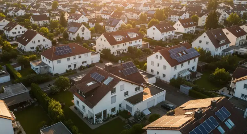 Aerial drone view of typical German residential neighborhood with mixed roof types, red and dark roof tiles, gardens visible, sunny day