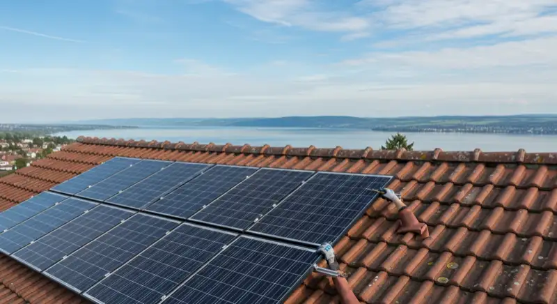 Installateur bei der Wartung einer Solaranlage auf einem Dach in Friedrichshafen mit Blick auf den Bodensee