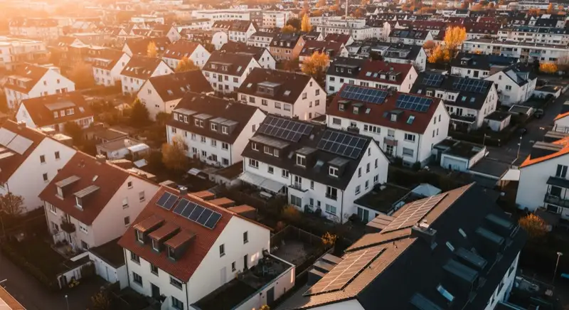 Aerial drone view of typical German residential neighborhood with mixed roof types, red and dark roof tiles, gardens visible, sunny day