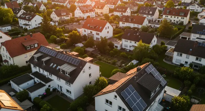 Aerial drone view of typical German residential neighborhood with mixed roof types, red and dark roof tiles, gardens visible, sunny day