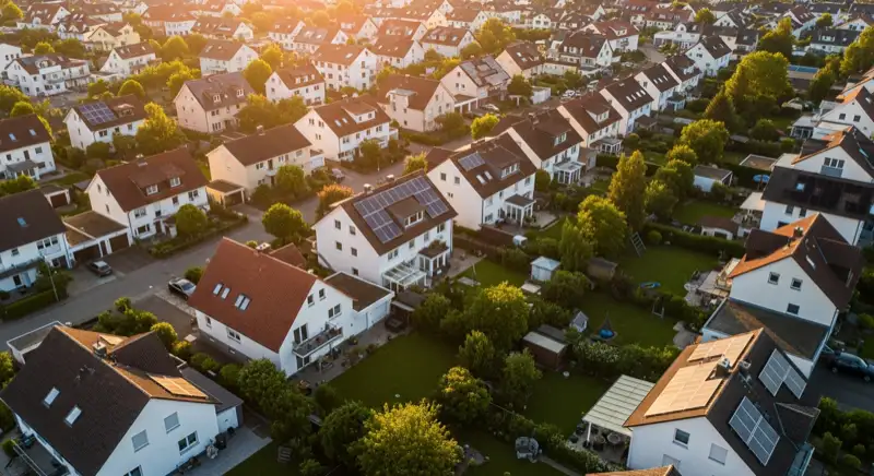 Aerial drone view of typical German residential neighborhood with mixed roof types, red and dark roof tiles, gardens visible, sunny day
