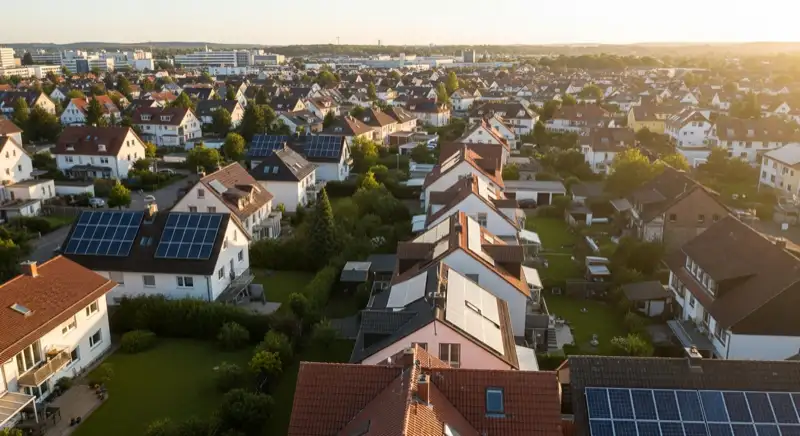 Aerial drone view of typical German residential neighborhood with mixed roof types, red and dark roof tiles, gardens visible, sunny day