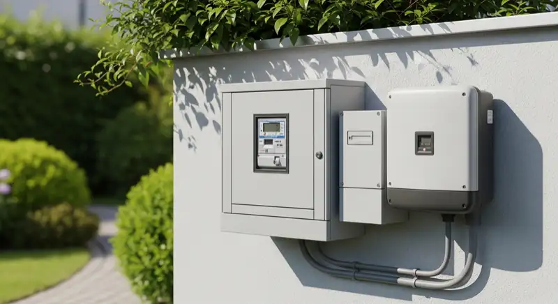 Modern German electrical meter cabinet (Zählerschrank) with smart meter and solar inverter connection, clean technical installation