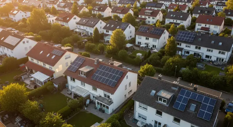 Aerial drone view of typical German residential neighborhood with mixed roof types, red and dark roof tiles, gardens visible, sunny day