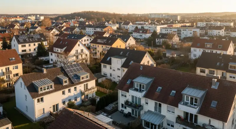 Aerial drone view of typical German residential neighborhood with mixed roof types, red and dark roof tiles, gardens visible, sunny day