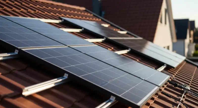 Solar-Installateur montiert PV-Module auf Hausdach in Fulda