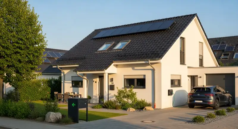 Einfamilienhaus in Fulda mit Photovoltaikanlage auf dem Dach und Wallbox an der Hauswand, E-Auto wird geladen