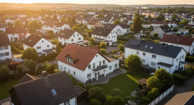 Aerial drone view of typical German residential neighborhood with mixed roof types, red and dark roof tiles, gardens visible, sunny day