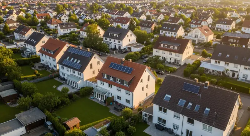 Aerial drone view of typical German residential neighborhood with mixed roof types, red and dark roof tiles, gardens visible, sunny day