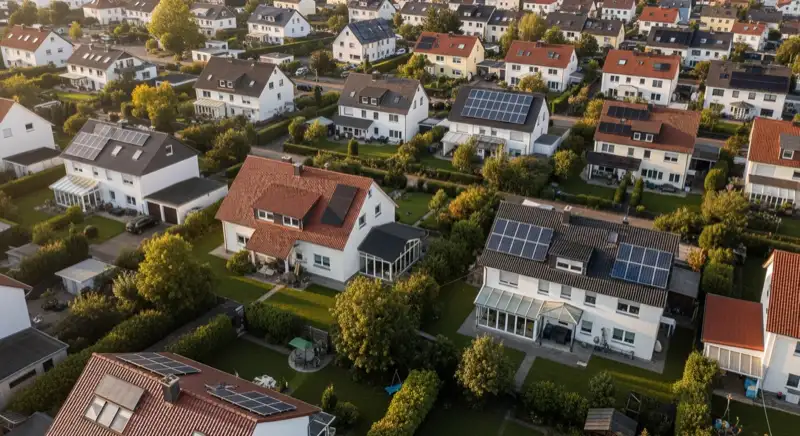 Aerial drone view of typical German residential neighborhood with mixed roof types, red and dark roof tiles, gardens visible, sunny day