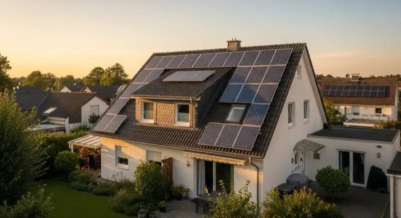 German detached house (Einfamilienhaus) with photovoltaic panels on pitched roof, well-maintained garden, warm afternoon sunlight