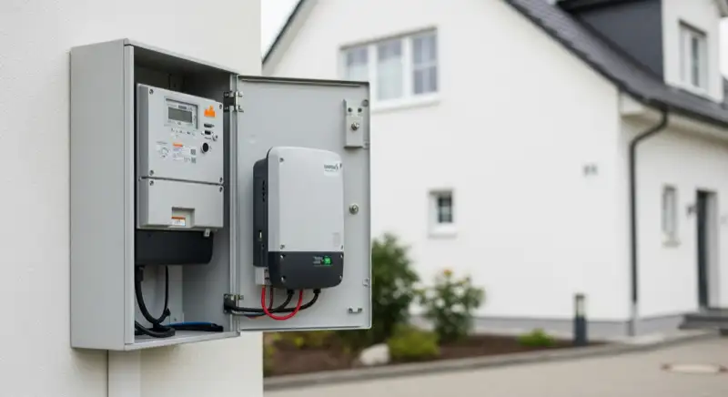 Modern German electrical meter cabinet (Zählerschrank) with smart meter and solar inverter connection, clean technical installation