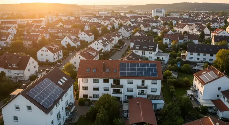 Aerial drone view of typical German residential neighborhood with mixed roof types, red and dark roof tiles, gardens visible, sunny day