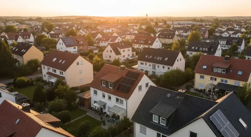 Aerial drone view of typical German residential neighborhood with mixed roof types, red and dark roof tiles, gardens visible, sunny day