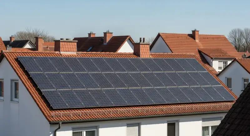 Installateur bei der Wartung einer Solaranlage auf einem Hausdach in Fulda