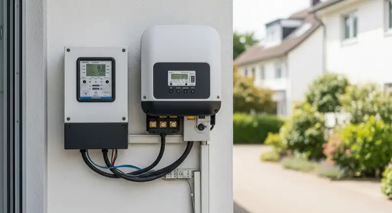 Modern German electrical meter cabinet (Zählerschrank) with smart meter and solar inverter connection, clean technical installation