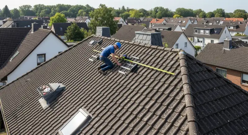 Solarinstallateur bei Dachbegehung und Vermessung eines Hausdachs in Gelsenkirchen