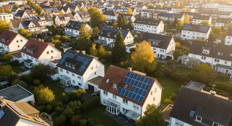 Aerial drone view of typical German residential neighborhood with mixed roof types, red and dark roof tiles, gardens visible, sunny day