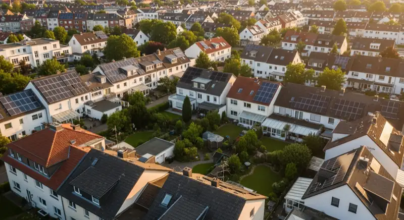 Aerial drone view of typical German residential neighborhood with mixed roof types, red and dark roof tiles, gardens visible, sunny day