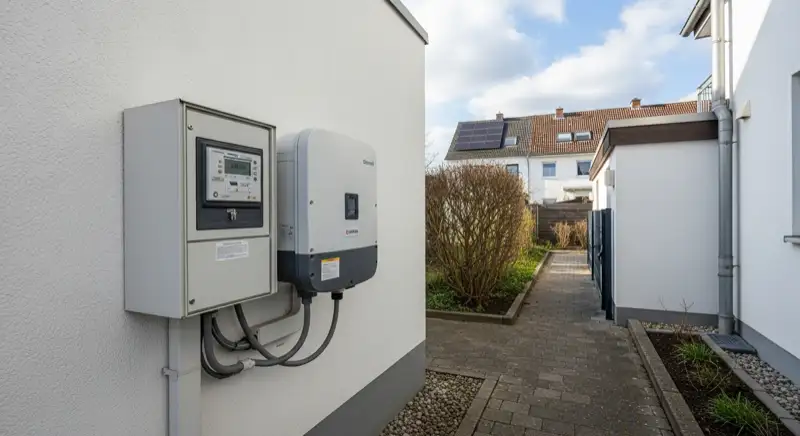 Modern German electrical meter cabinet (Zählerschrank) with smart meter and solar inverter connection, clean technical installation